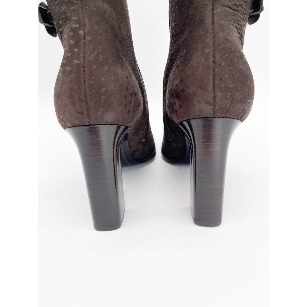 Prada Vintage Brown Embossed Nubuck Square Toe Heeled Knee High Boots IT 36.5 - Picture 10 of 14